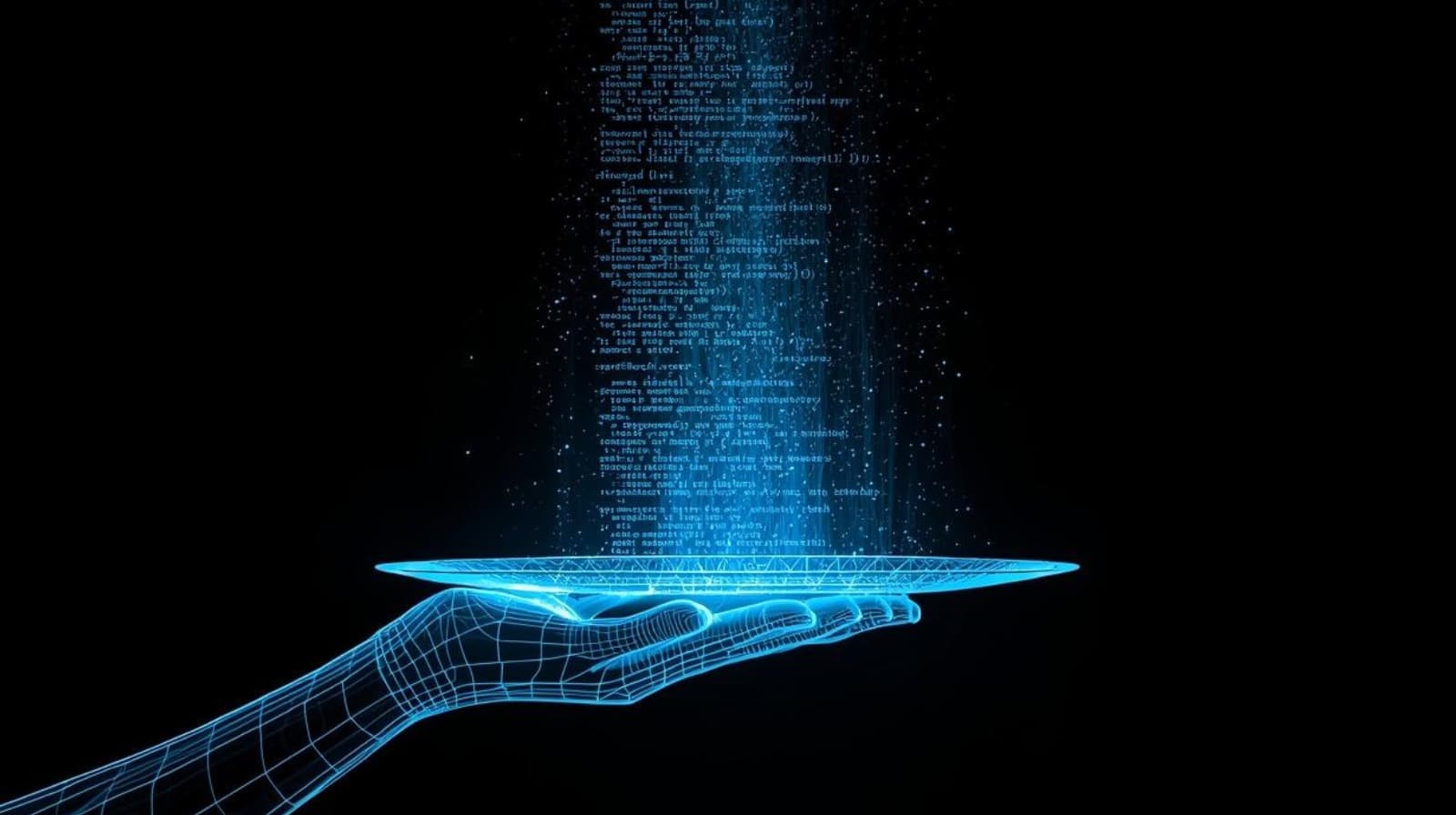 Blue neon blueprint hand holding a plate with code rising above it